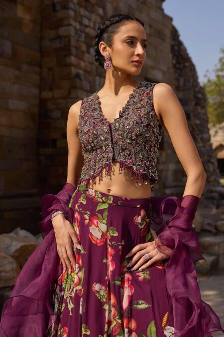 Buy Awigna Purple Georgette Beads V-neck Floral Print Lehenga Set Online at Aza Fashions Buy_Awigna_Purple Georgette Beads V-neck Floral Print Lehenga Set_Online_at_Aza_Fashions