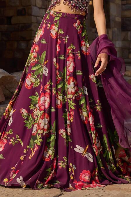 Shop Awigna Purple Georgette Beads V-neck Floral Print Lehenga Set Online at Aza Fashions Shop_Awigna_Purple Georgette Beads V-neck Floral Print Lehenga Set_Online_at_Aza_Fashions