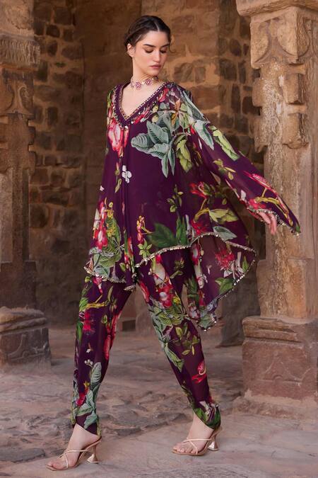 Awigna_Purple Georgette Beads V-neck Floral Print Tunic And Dhoti Pant Set_Online_at_Aza_Fashions