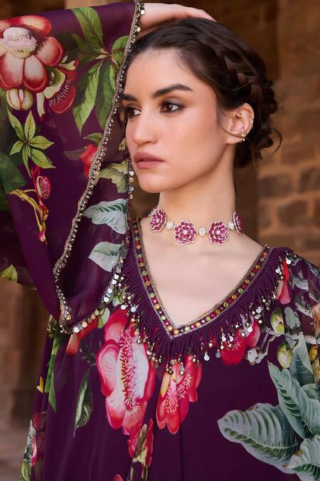 Buy_Awigna_Purple Georgette Beads V-neck Floral Print Tunic And Dhoti Pant Set_Online_at_Aza_Fashions