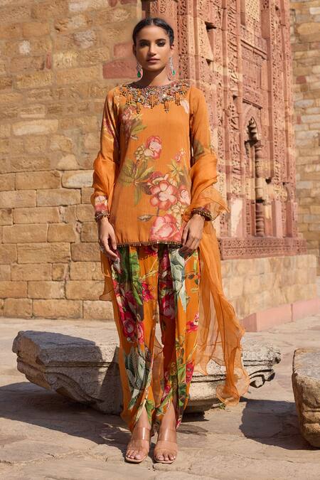 Buy_Awigna_Orange Georgette Embroidery Round Neck Floral Print Dhoti Kurta Set_Online_at_Aza_Fashions