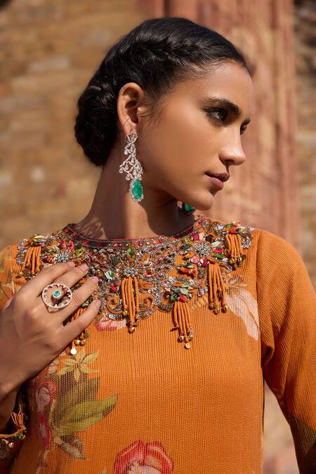 Shop_Awigna_Orange Georgette Embroidery Round Neck Floral Print Dhoti Kurta Set_Online_at_Aza_Fashions