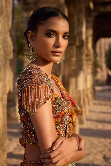 Awigna Orange Georgette Sequins, Beads, Embroidery Printed Ruffle Pre-draped Saree Set Online at Aza Fashions Awigna_Orange Georgette Sequins, Beads, Embroidery Printed Ruffle Pre-draped Saree Set_Online_at_Aza_Fashions