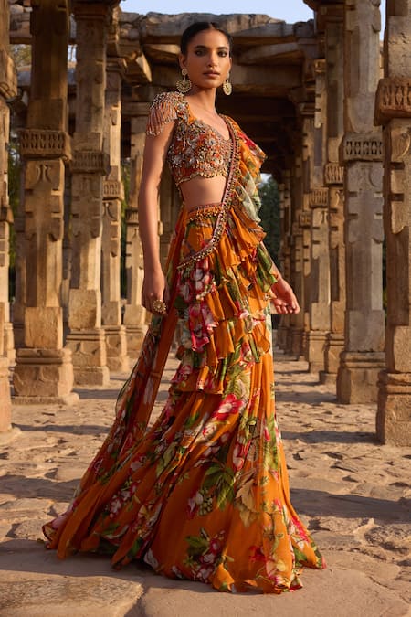 Shop Awigna Orange Georgette Sequins, Beads, Embroidery Printed Ruffle Pre-draped Saree Set Online at Aza Fashions Shop_Awigna_Orange Georgette Sequins, Beads, Embroidery Printed Ruffle Pre-draped Saree Set_Online_at_Aza_Fashions