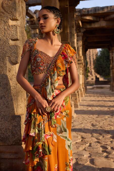 Awigna Orange Georgette Sequins, Beads, Embroidery Printed Ruffle Pre-draped Saree Set at Aza Fashions Awigna_Orange Georgette Sequins, Beads, Embroidery Printed Ruffle Pre-draped Saree Set_at_Aza_Fashions