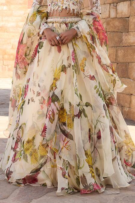 Awigna_Ivory Organza Beads, Sequins Round Neck Floral Printed Lehenga Set_Online_at_Aza_Fashions