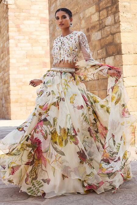 Buy_Awigna_Ivory Organza Beads, Sequins Round Neck Floral Printed Lehenga Set_Online_at_Aza_Fashions