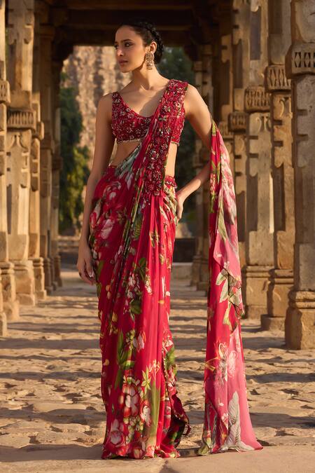 Buy_Awigna_Fuchsia Georgette Sequins Round Neck Floral Print Pre-draped Saree And Blouse Set_Online_at_Aza_Fashions