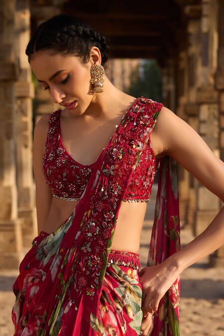 Awigna_Fuchsia Georgette Sequins Round Neck Floral Print Pre-draped Saree And Blouse Set_at_Aza_Fashions