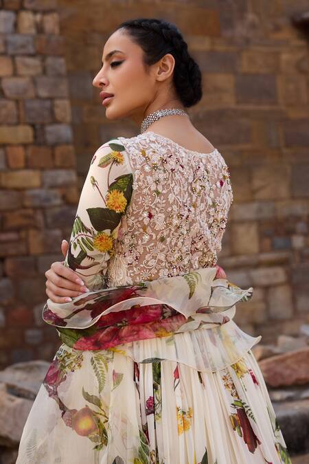 Awigna_Ivory Georgette Embroidery, Beads V-neck Floral Anarkali Set_Online_at_Aza_Fashions