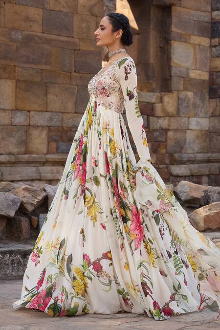 Shop_Awigna_Ivory Georgette Embroidery, Beads V-neck Floral Anarkali Set_Online_at_Aza_Fashions