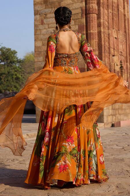 Shop Awigna Orange Georgette Beads, Sequins Round Neck Floral Printed Anarkali Set at Aza Fashions Shop_Awigna_Orange Georgette Beads, Sequins Round Neck Floral Printed Anarkali Set_at_Aza_Fashions