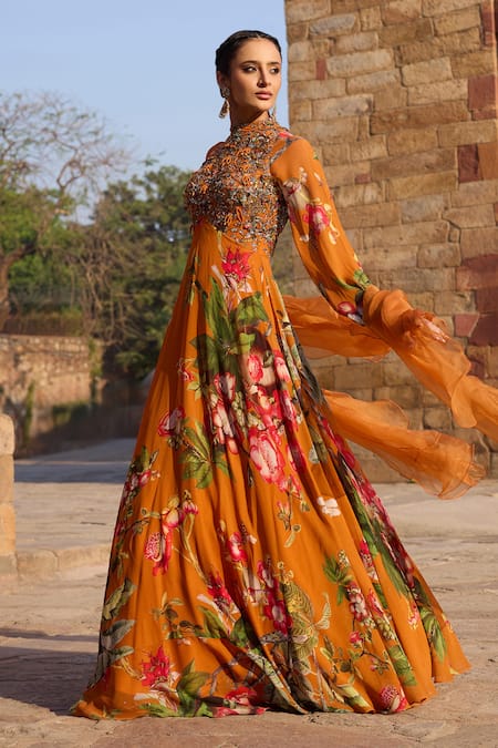 Awigna Orange Georgette Beads, Sequins Round Neck Floral Printed Anarkali Set Online at Aza Fashions Awigna_Orange Georgette Beads, Sequins Round Neck Floral Printed Anarkali Set_Online_at_Aza_Fashions