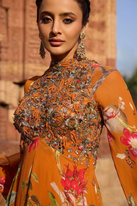 Buy Awigna Orange Georgette Beads, Sequins Round Neck Floral Printed Anarkali Set Online at Aza Fashions Buy_Awigna_Orange Georgette Beads, Sequins Round Neck Floral Printed Anarkali Set_Online_at_Aza_Fashions