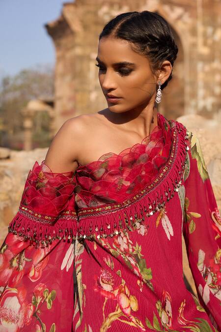 Awigna_Fuchsia Georgette Beads Off-shoulder Floral Print Tunic And Pant Set_at_Aza_Fashions