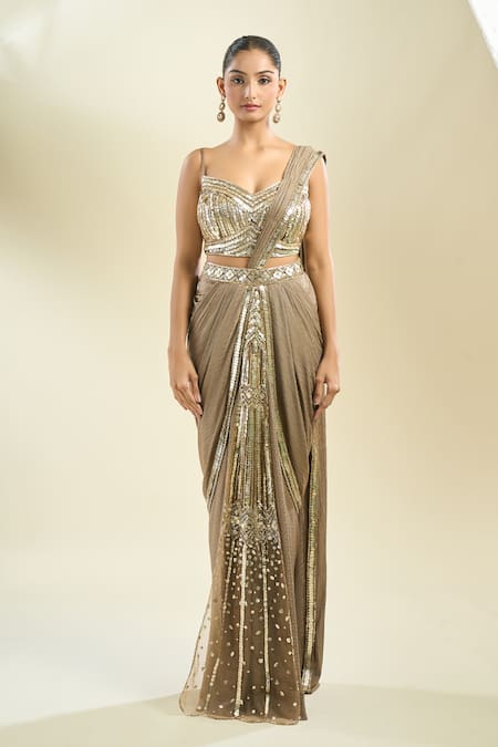 Buy_Samyukta Singhania_Green Net Sequins, Beads Sweetheart Neck Border Embroidered Pre-draped Saree Set _Online_at_Aza_Fashions