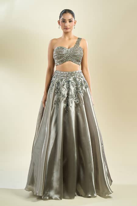 Samyukta Singhania_Gray Organza Sequins, Embroidery Asymmetric Placement Lehenga Set _Online_at_Aza_Fashions
