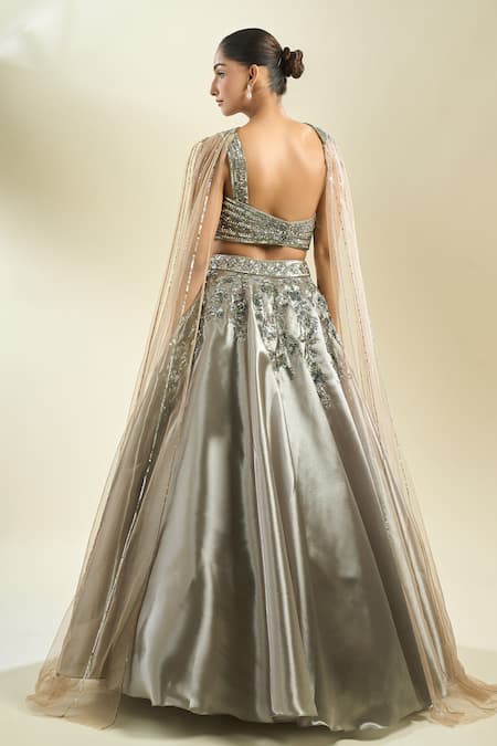 Shop_Samyukta Singhania_Gray Organza Sequins, Embroidery Asymmetric Placement Lehenga Set _at_Aza_Fashions