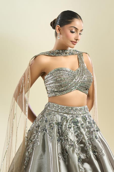 Buy_Samyukta Singhania_Gray Organza Sequins, Embroidery Asymmetric Placement Lehenga Set _Online_at_Aza_Fashions