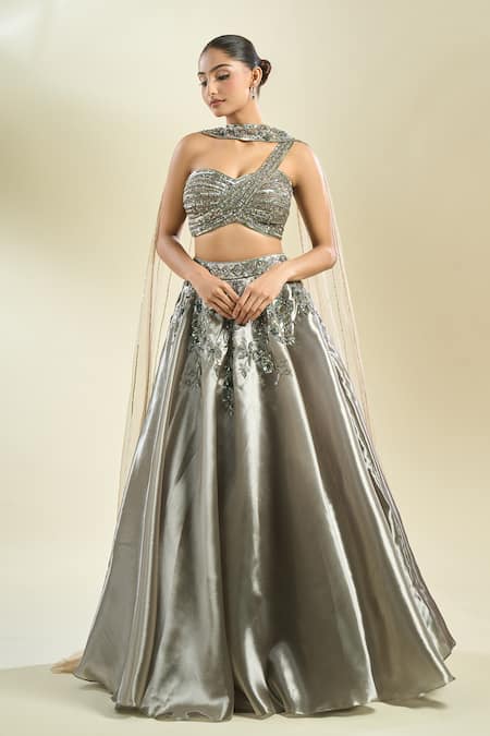 Shop_Samyukta Singhania_Gray Organza Sequins, Embroidery Asymmetric Placement Lehenga Set _Online_at_Aza_Fashions