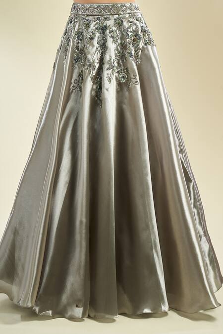 Buy_Samyukta Singhania_Gray Organza Sequins, Embroidery Asymmetric Placement Lehenga Set 