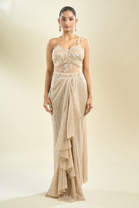 Buy Samyukta Singhania Beige Georgette, Net Sequins Sweetheart Neck Embroidered Saree Gown Online at Aza Fashions Buy_Samyukta Singhania_Beige Georgette, Net Sequins Sweetheart Neck Embroidered Saree Gown _Online_at_Aza_Fashions