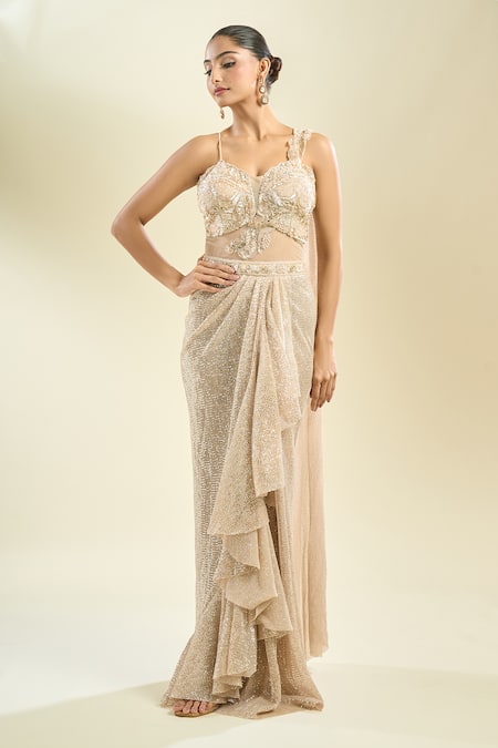 Samyukta Singhania Beige Georgette, Net Sequins Sweetheart Neck Embroidered Saree Gown at Aza Fashions Samyukta Singhania_Beige Georgette, Net Sequins Sweetheart Neck Embroidered Saree Gown _at_Aza_Fashions