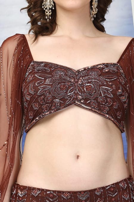 Ambrosia_Brown Nylon Embroidery Sweetheart Neck Hand Skirt Set _Online_at_Aza_Fashions