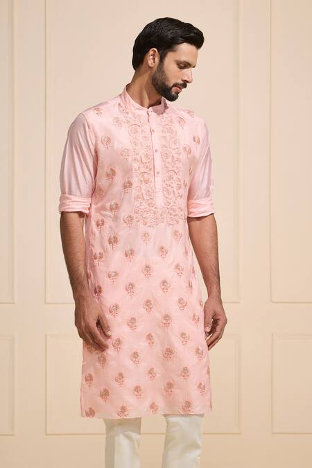 Raghavendra Rathore Jodhpur_Pink Linen Embroidery Opulent Gold Accented Kurta _Online_at_Aza_Fashions