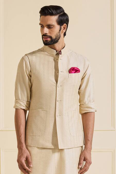 Shop Raghavendra Rathore Jodhpur Beige Silk Nehru Jacket Online at Aza Fashions Shop_Raghavendra Rathore Jodhpur_Beige Silk Nehru Jacket_Online_at_Aza_Fashions