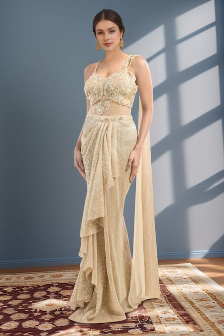 Samyukta Singhania Beige Georgette, Net Sequins Sweetheart Neck Embroidered Saree Gown