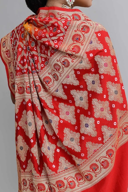 Shop_Samyukta Singhania_Yellow Silk Embroidery Banarasi Bandhej Saree Set _Online_at_Aza_Fashions