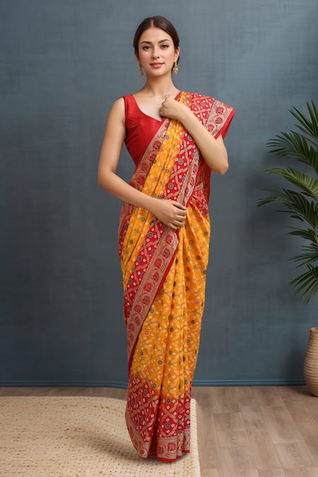 Buy_Samyukta Singhania_Yellow Silk Embroidery Banarasi Bandhej Saree Set _Online_at_Aza_Fashions