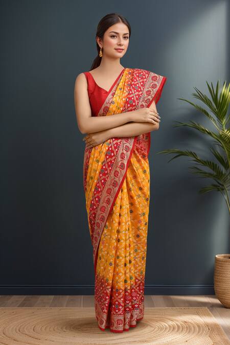 Samyukta Singhania_Yellow Silk Embroidery Banarasi Bandhej Saree Set _at_Aza_Fashions