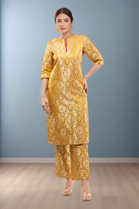 Samyukta Singhania Brocade Mustard Kurta Set 