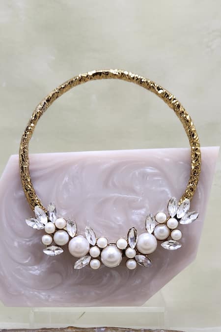 Adwita Bags & Jewels White Pearls, Crystals Perla Ring Crush Metal Handle Bag
