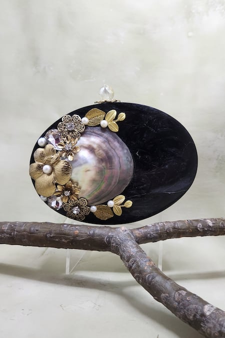 Buy Adwita Bags & Jewels Black Crystals The Shell Saga Clutch Online at Aza Fashions Buy_Adwita Bags & Jewels_Black Crystals The Shell Saga Clutch _Online_at_Aza_Fashions