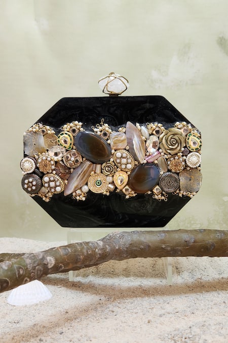 ADWITA BAGS & JEWELS Black Stone Meena Mosaic Embellished Clutch 