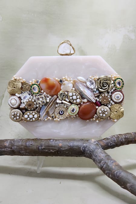 Adwita Bags & Jewels White Stone Meena Mosaic Crystal Embellished Clutch