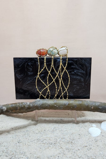 Adwita Bags & Jewels Black Pebble Stone And Jaal Embellished Clutch