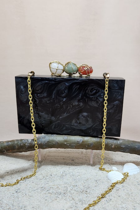 Shop Adwita Bags & Jewels Black Pebble Stone And Jaal Embellished Clutch at Aza Fashions Shop_Adwita Bags & Jewels_Black Pebble Stone And Jaal Embellished Clutch _at_Aza_Fashions