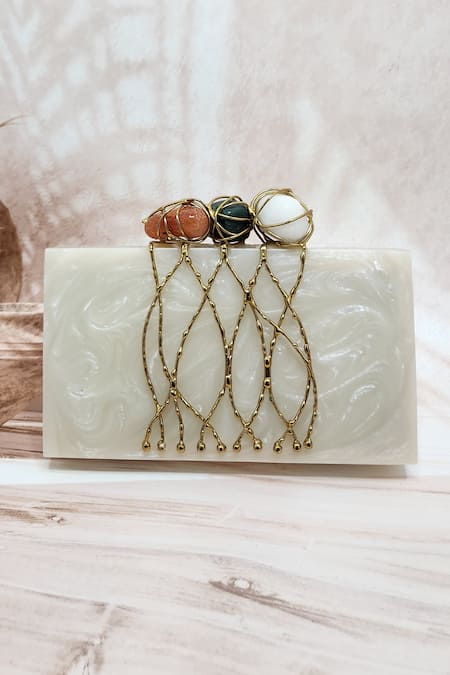 Shop Adwita Bags & Jewels White Pebble Stone And Jaal Embellished Clutch at Aza Fashions Shop_Adwita Bags & Jewels_White Pebble Stone And Jaal Embellished Clutch _at_Aza_Fashions