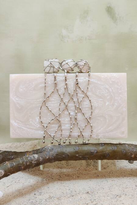 Adwita Bags & Jewels White Pebble Stone And Brass Jaal Embellished Clutch