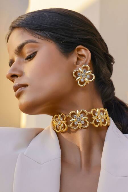 Bblingg_Gold Plated Crystals, Smocking Floral Design Swarovski Stud Earrings _at_Aza_Fashions
