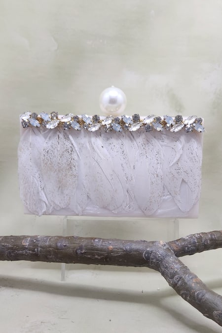 Adwita Bags & Jewels White Feather Kara Crystal And Embellished Clutch Bag