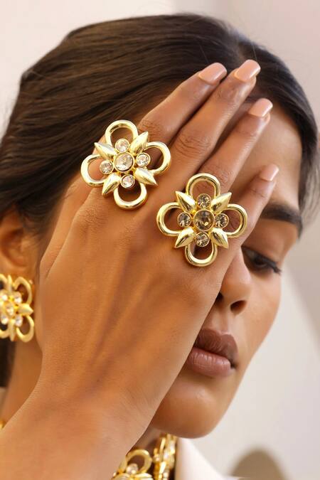 Bblingg_Gold Plated Stones, Pearls Floral Swarovski Ring _Online_at_Aza_Fashions