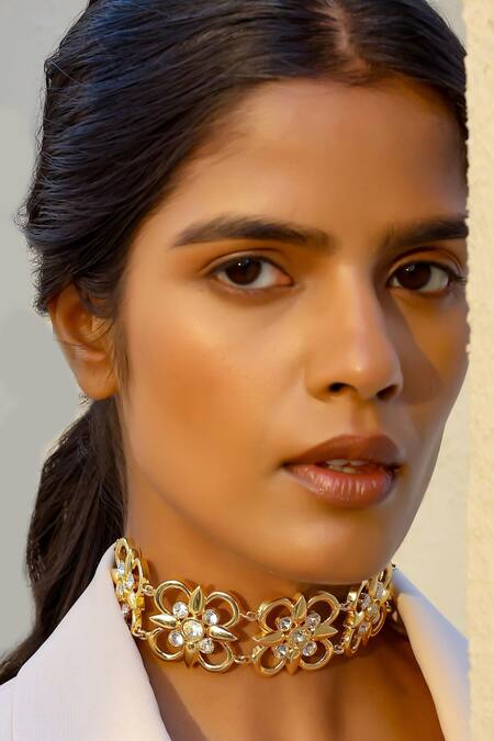 Bblingg_Gold Plated Floral Swarovski Choker _Online_at_Aza_Fashions