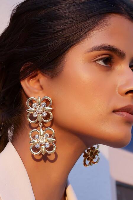 Bblingg White Stones Gold Floral Dangler Earrings Online at Aza Fashions Bblingg_White Stones Gold Floral Dangler Earrings _Online_at_Aza_Fashions
