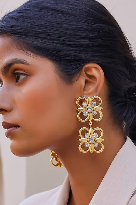 Shop Bblingg White Stones Gold Floral Dangler Earrings Online at Aza Fashions Shop_Bblingg_White Stones Gold Floral Dangler Earrings _Online_at_Aza_Fashions