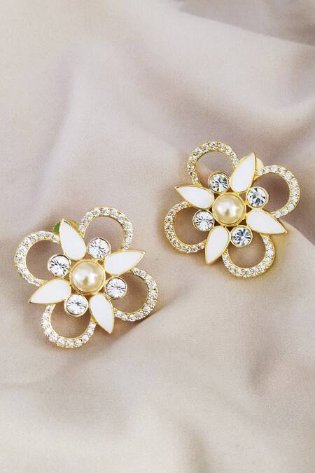 Bblingg_White Pearls, Smocking Floral Gold Tone Stud Earrings_Online_at_Aza_Fashions